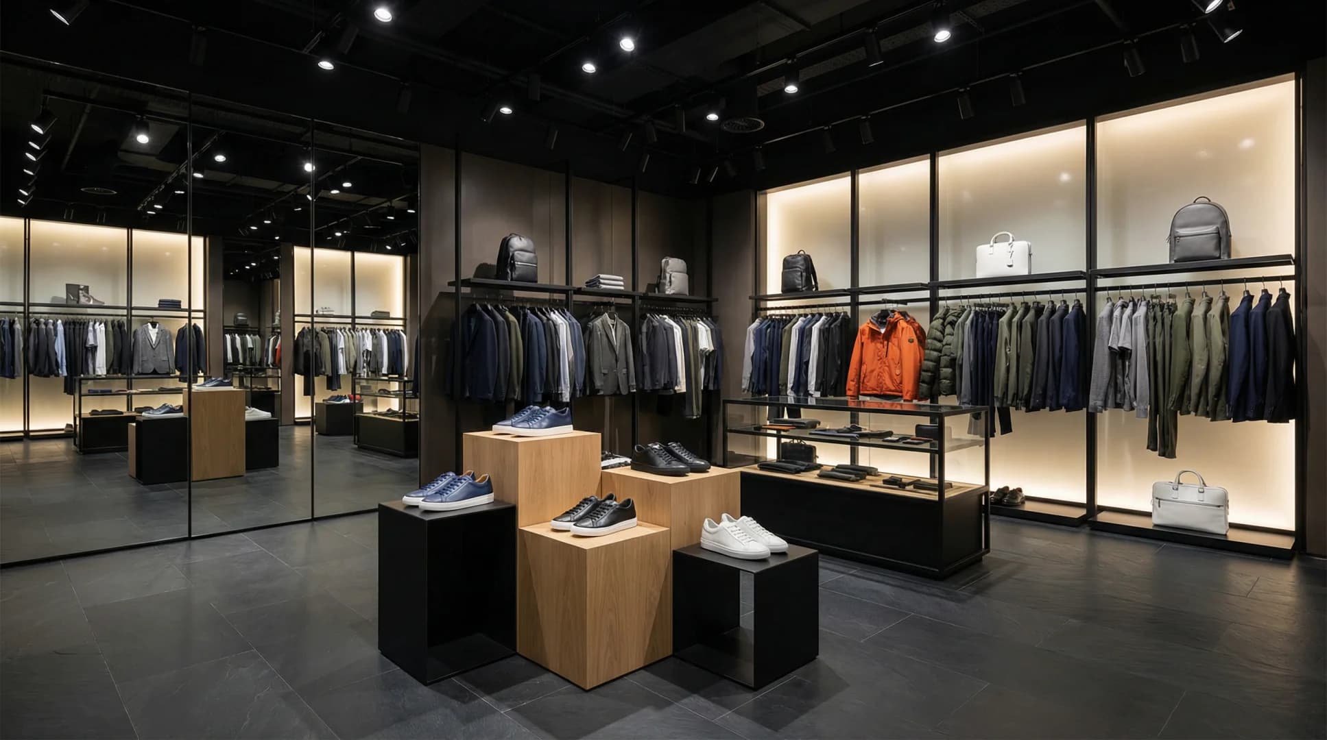 Men's fashion store with shoe display on wooden pedestals and backlit niches