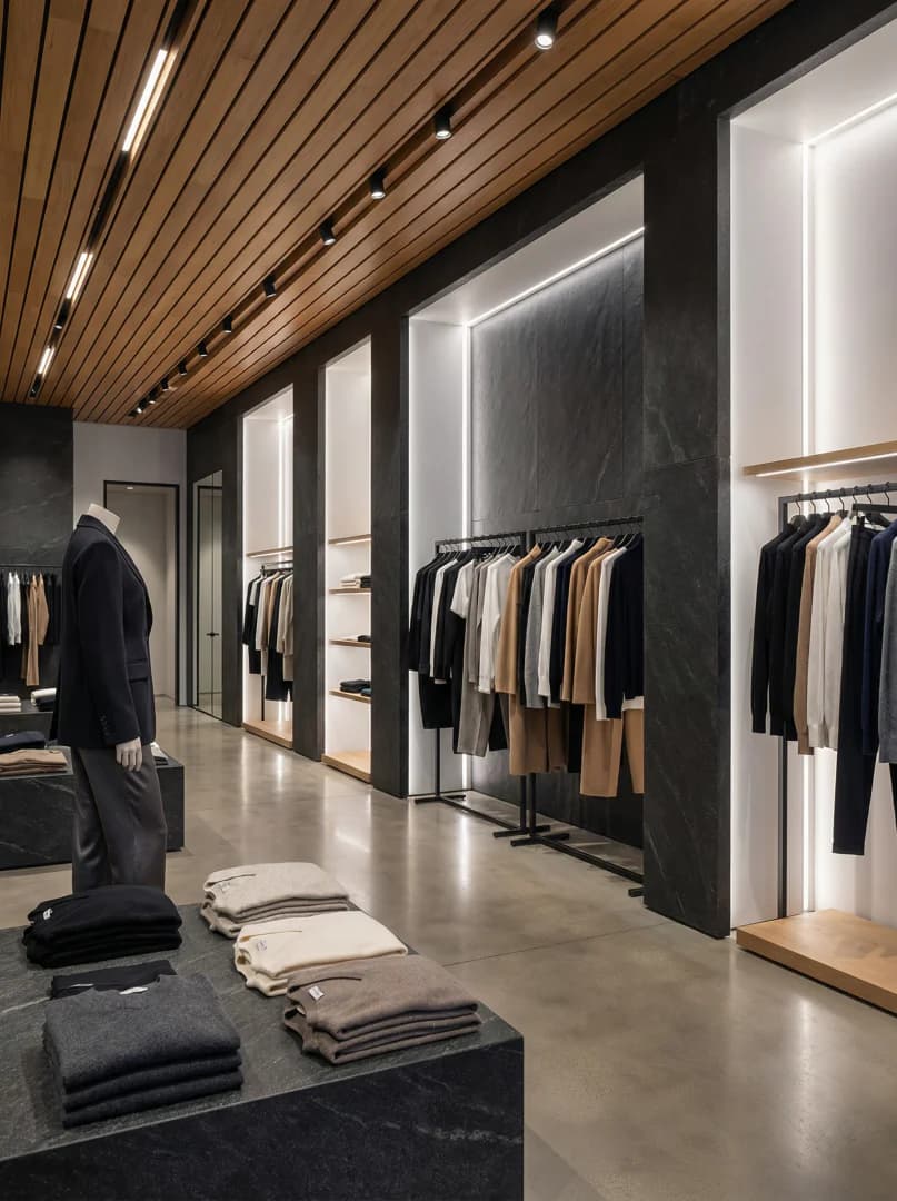 Clothing store with natural stone wall panels, wooden ceiling and suit mannequin