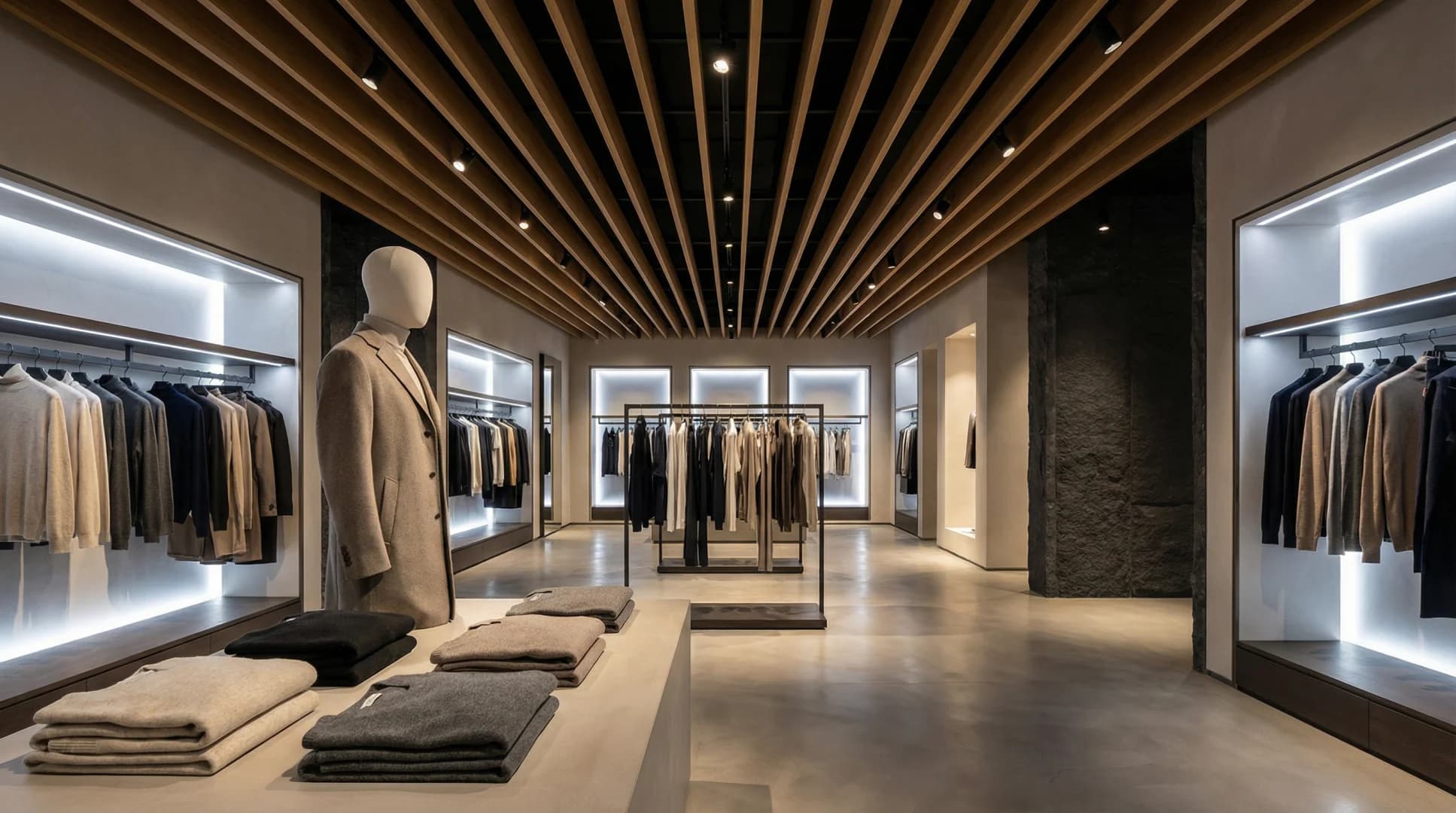 Fashion boutique with slatted wooden ceiling, mannequin in coat and LED-lit alcoves